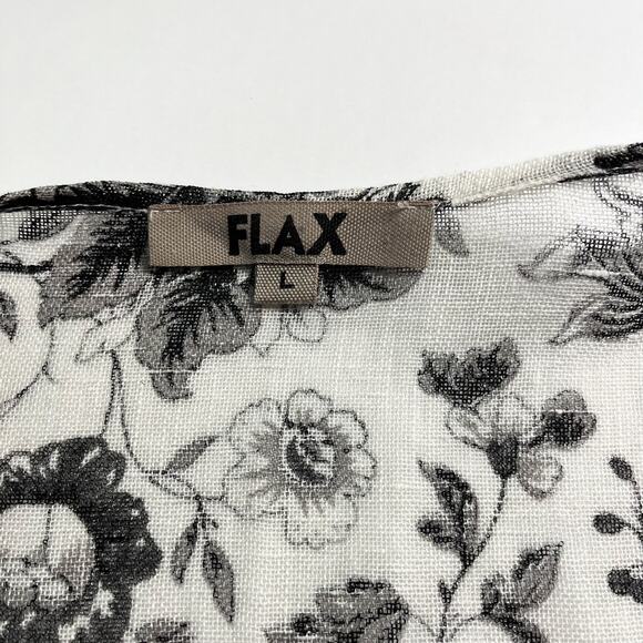 FLAX Black White Floral Linen Lightweight Jacket Sz L Drip Waterfall Front /Tie - Picture 2 of 11